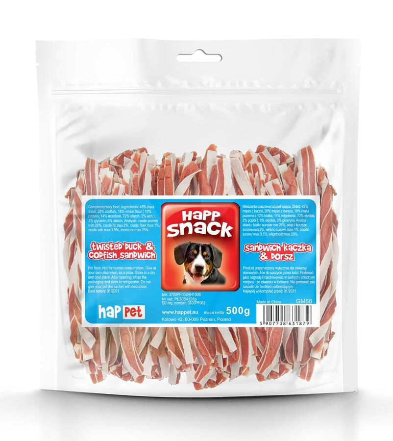 Сэндвич из мяса утки и трески Happet Snack мягкие полоски лакомства для собак 500 г 13 см (GM68 5907708631879)
