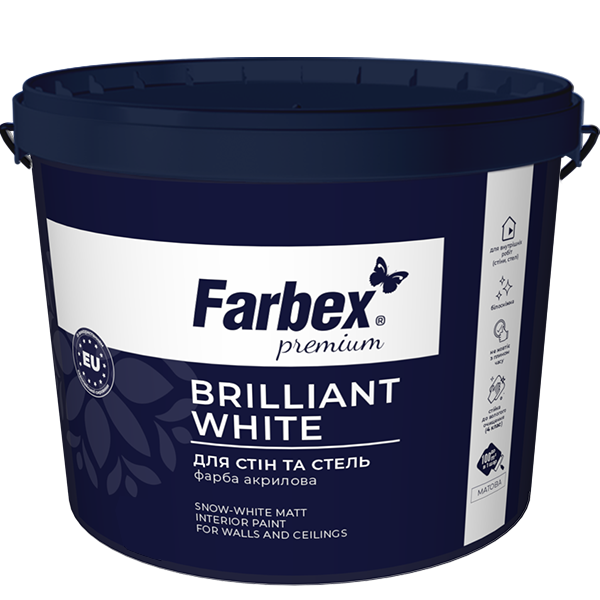 Краска интерьерная для стен и потолков белоснежная Farbex ВДА Brilliant White база А 20 кг Белый