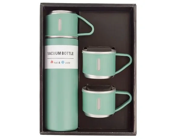 Набор термос с чашками 3 шт. с вакуумной изоляцией в подарочной упаковке 500 мл Зеленый (MX-00008959W) - фото 1