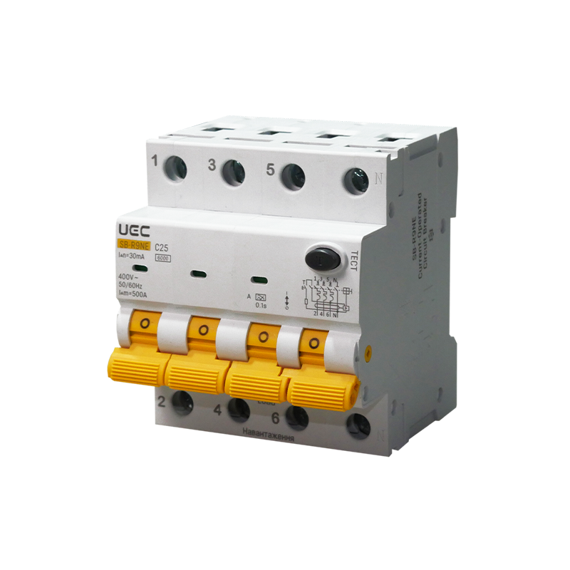 Дифференциальный выключатель UEC SB-R9NE 4P 25А 30мА 6кА тип C (RCBO60-4-025-C-030-A)