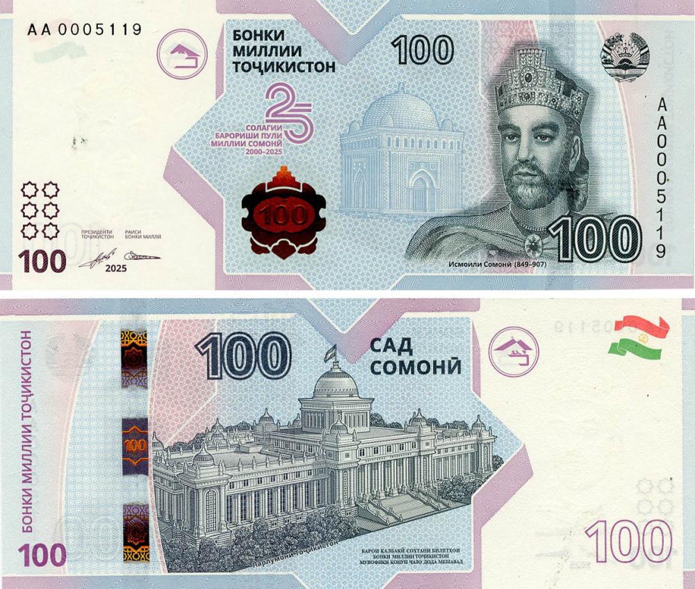 Коллекционная банкнота Таджикистан 100 сомони 2025 UNC Памятная-25 лет валюте сомоне (PW29)