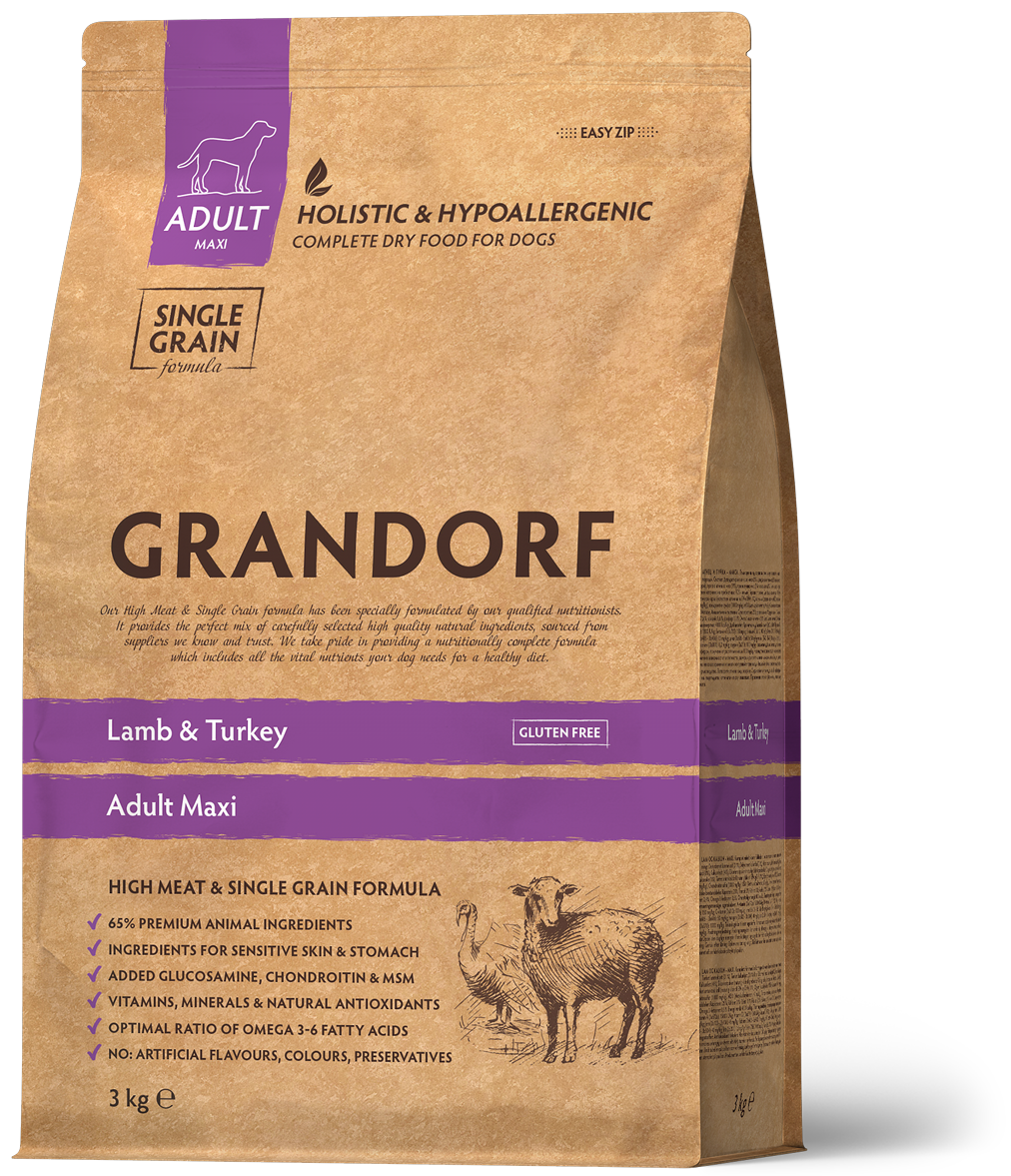 Корм для взрослых собак крупных пород Grandorf LAMB & TURKEY MAXI ягненок с индейкой 3 кг (95103)