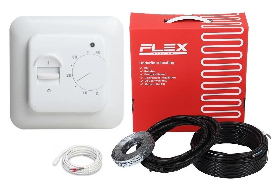 Кабель нагревательный FLEX 1 м²-1,2 м²/175 Вт/10 м с механическим белым терморегулятором RTC70