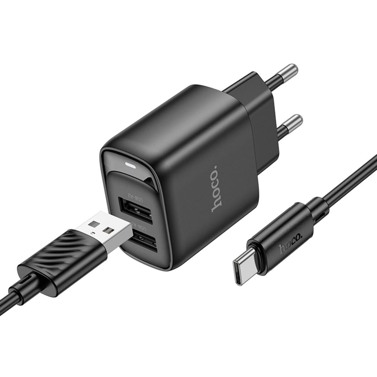 Зарядное устройство с кабелем Hoco C141A Smart Dual-Port Charger Set USB to Type-C 2,1A Black (6942007627900)