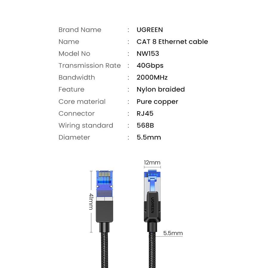 Кабель мережевий патч-корд UGREEN NW153 Cat8 F/FTP Round Ethernet Cable Braided Pure Copper 20 м Black (30800) - фото 10 Кабель мережевий патч-корд UGREEN NW153 Cat8 F/FTP Round Ethernet Cable Braided Pure Copper 20 м Black (30800) - фото 10