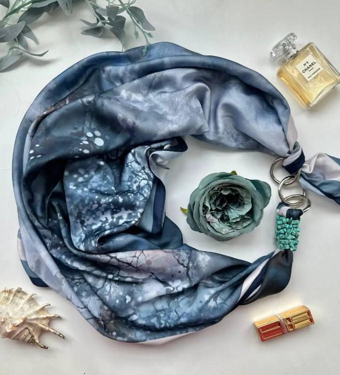 Хустка шовкова My Scarf Морський бриз 90 на 90 см оздоблена камінням Бірюзовий