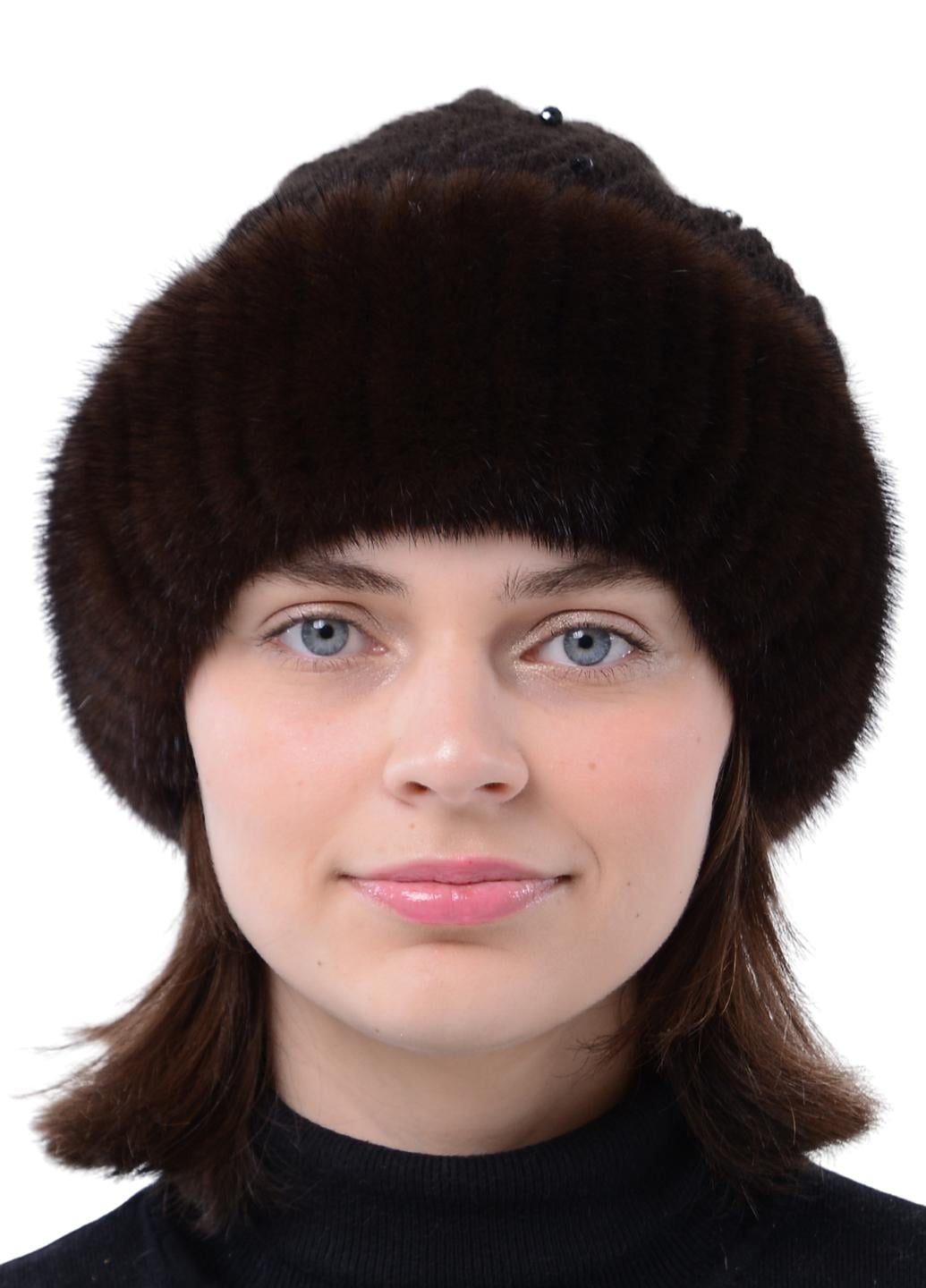 Шапка вязаная женская с помпоном Меховой стиль Ажур из натурального меха норки Коричневый (128/W)