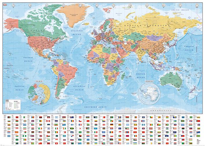 Постер плакат Карта Мира Флаги и Факты/World Map Flags and Facts 100x140 см