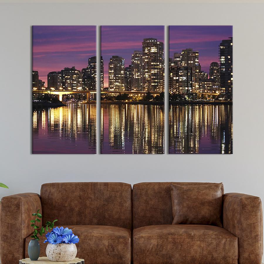 Модульная картина триптих Сиреневый вечер над мегаполисом 128x81 см (320-31)