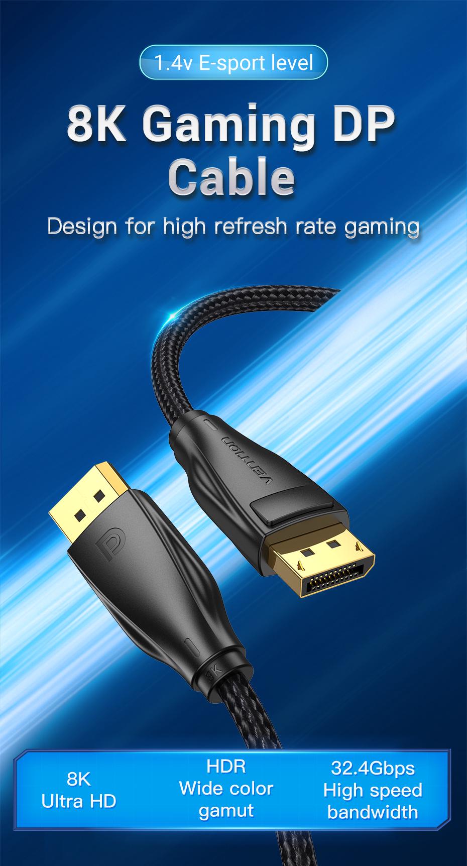 Кабель Vention DisplayPort 1.4 8K 60Hz 4K 144Hz 1080p 240Hz 32.4 Гбіт/с DP Dynamic HDR G-Sync Free Sync нейлонове обплетення 1,5 м Чорний (HCCBG) - фото 2