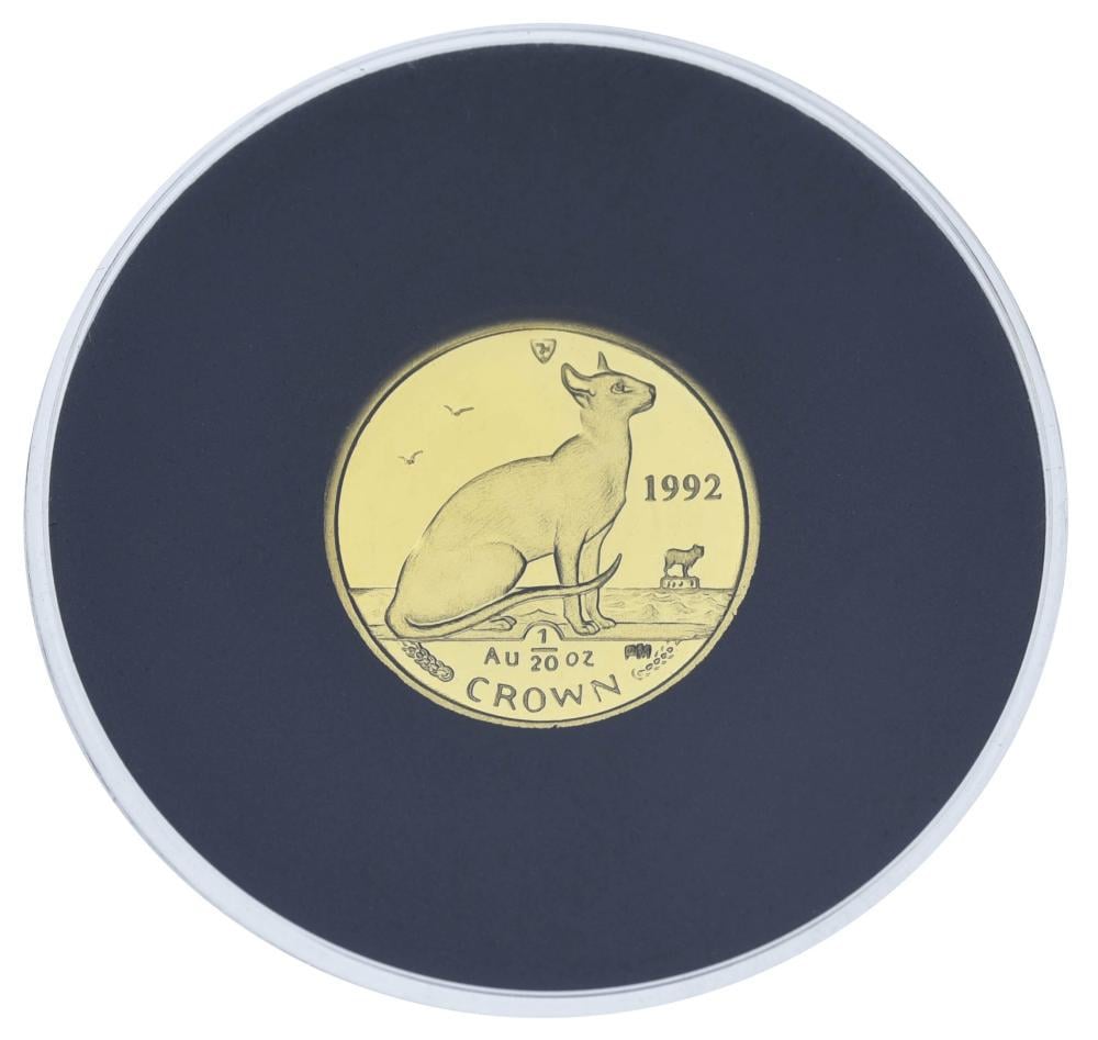 Коллекционная монета Остров Мэн 1 крона 1992/2008 золото Proof Кот Сиамская кошка 1/20 унции