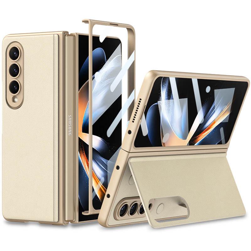 Противоударный кожаный чехол GKK 360 + Glass с подставкой для Samsung Galaxy Z Fold4 Champagne