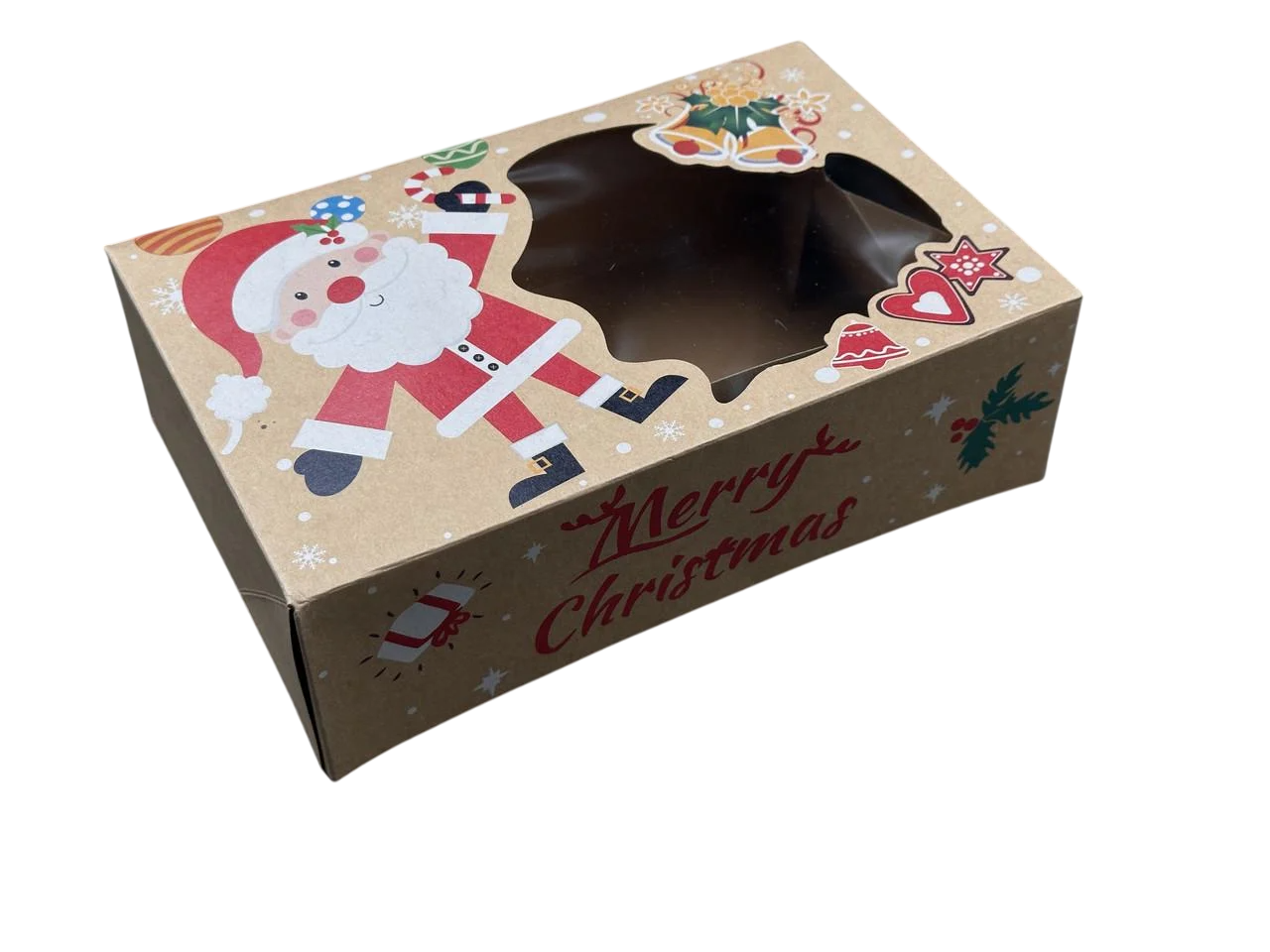 Коробка подарочная со смотровым окошком с принтом Санта Клаус сборная картонная 22х14,5х7 см Крафт (OA-79)