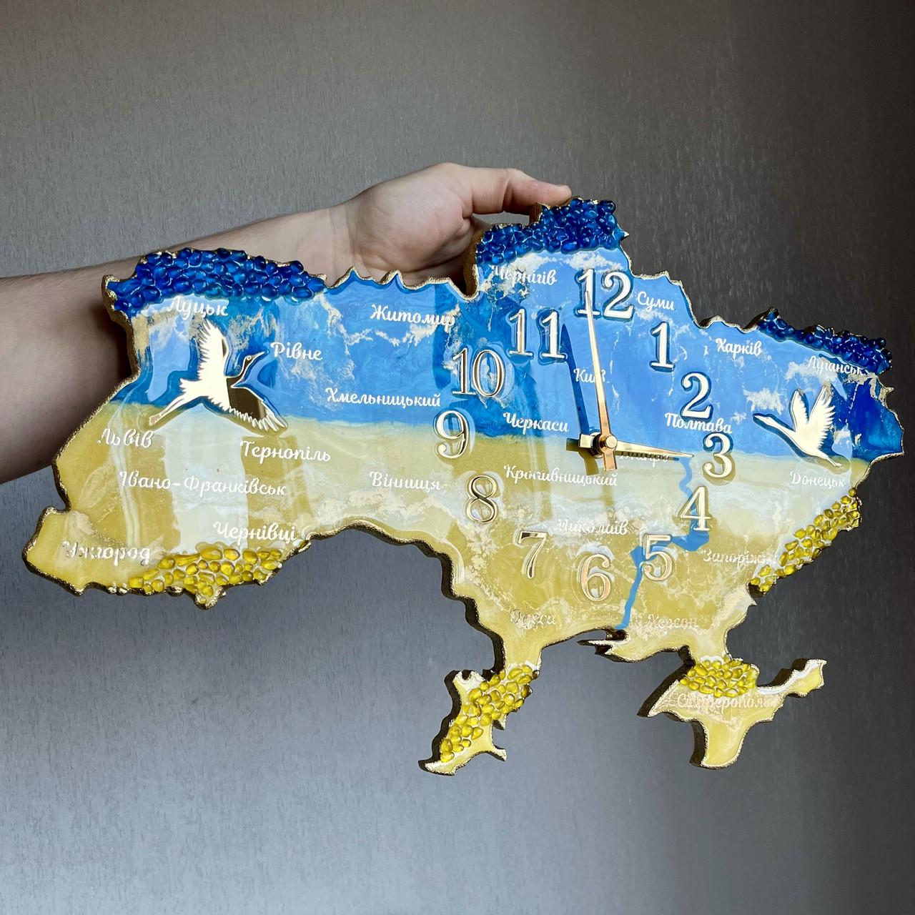 Годинник настінний з епоксидної смоли Карта України 120х76 см