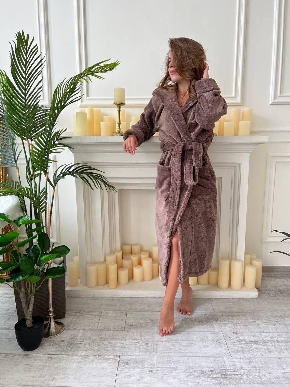 Халат женский махровый на запах с карманами М Коричневый (Д-al-halat-008-02)