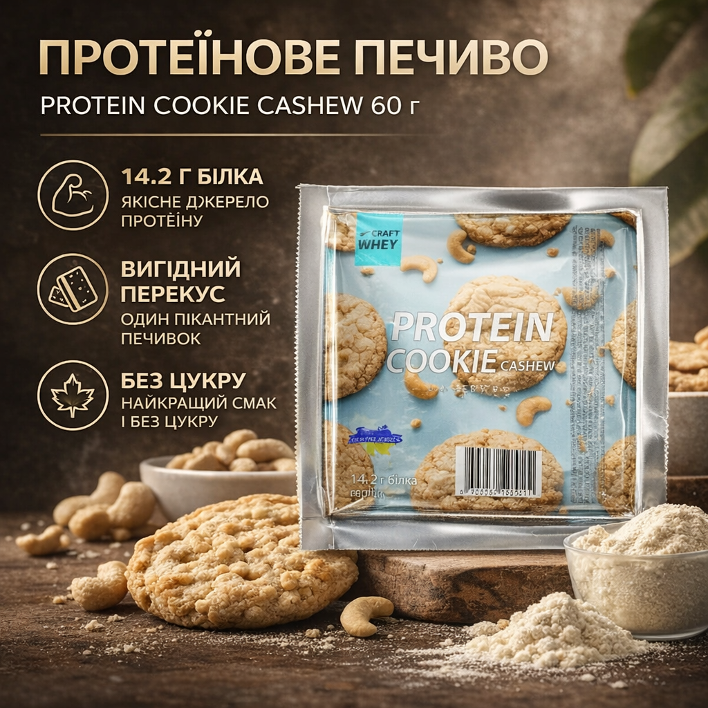 Протеиновое печенье Protein Cookie Cashew без сахара с белком 60 г 1 шт. - фото 3 Протеиновое печенье Protein Cookie Cashew без сахара с белком 60 г 1 шт. - фото 3