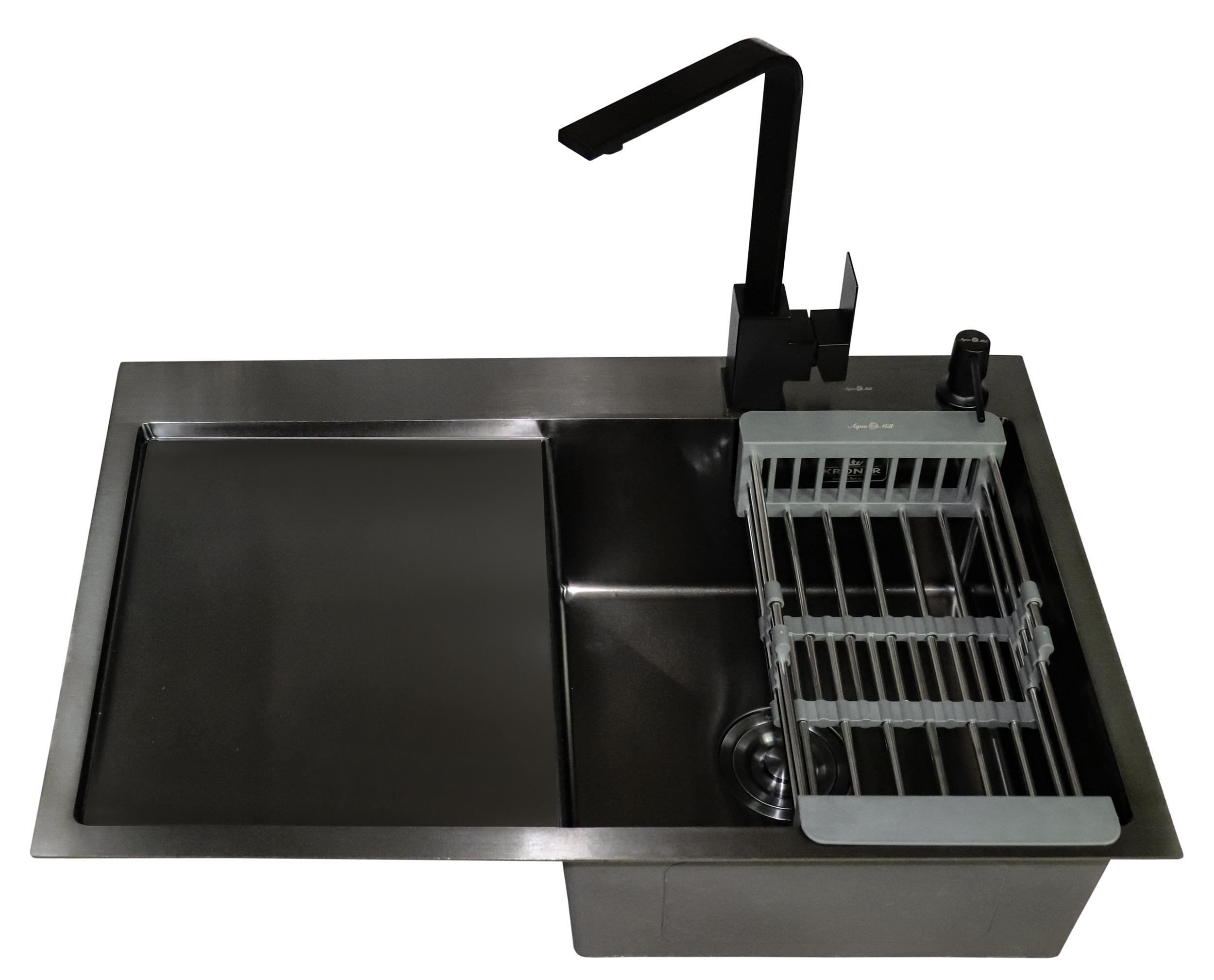 Мойка кухонная AQUAMILL 7849 из нержавеющей стали с PVD покрытием + смеситель KUB/дозатор/решетка Черный (7849bkvk)