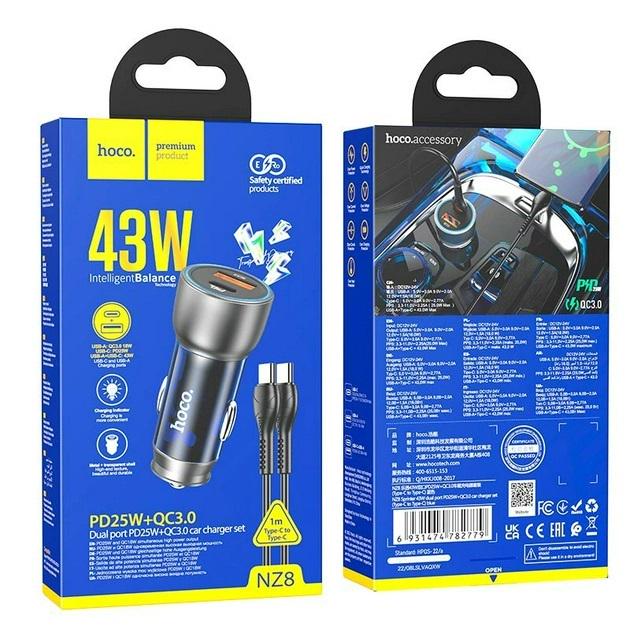 Адаптер автомобильный Hoco Type-C to Type-C cable Sprinter dual port Car charger NZ8 1USB/1Type-C QC/PD 43 W 3 A Blue (557987) - фото 3