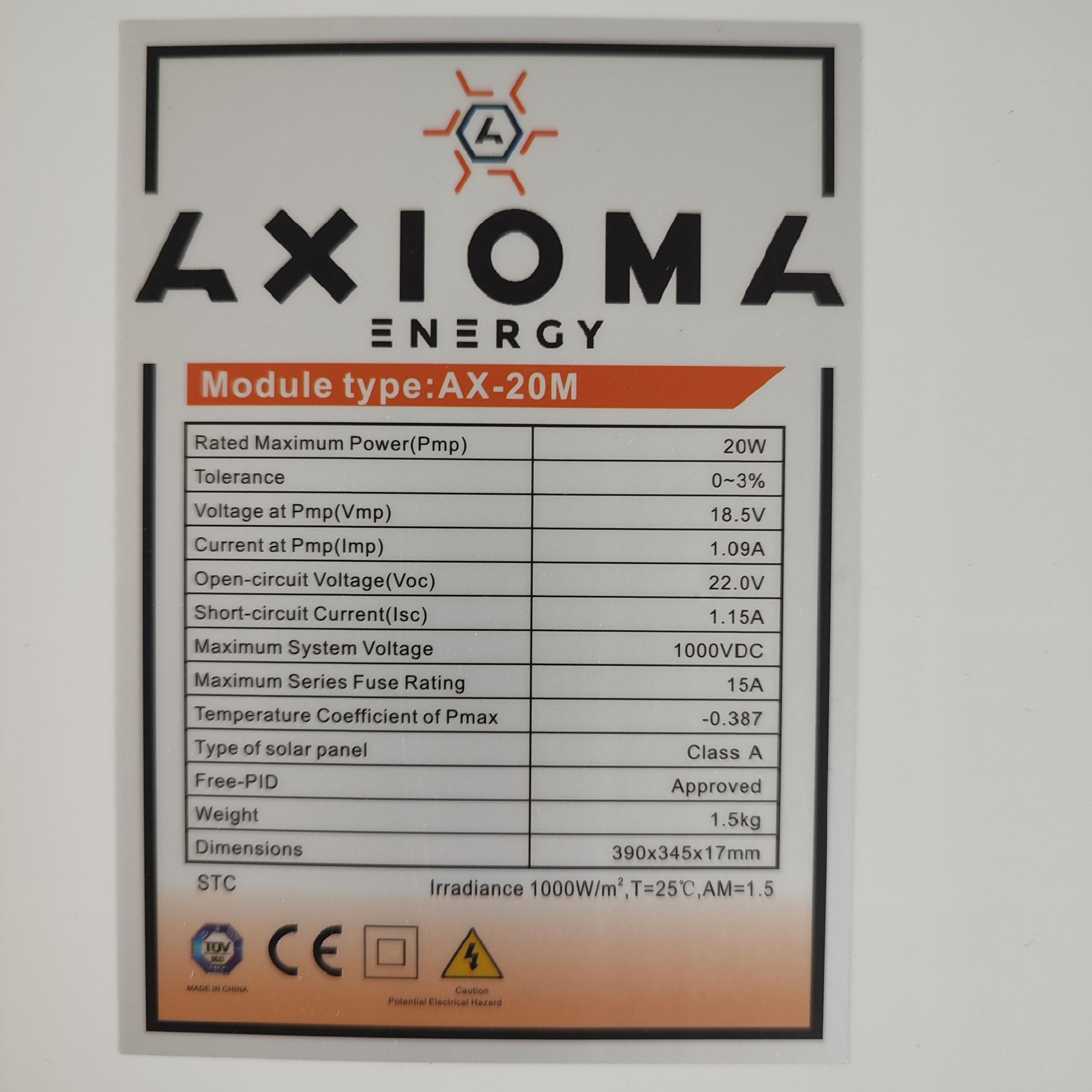 Батарея сонячна Axioma Energy AX-20M Mono монополікристалічна панель без з'єднувальних кабелів фотомодуль 20 Вт 390x345x17 мм (AX-20M) - фото 4