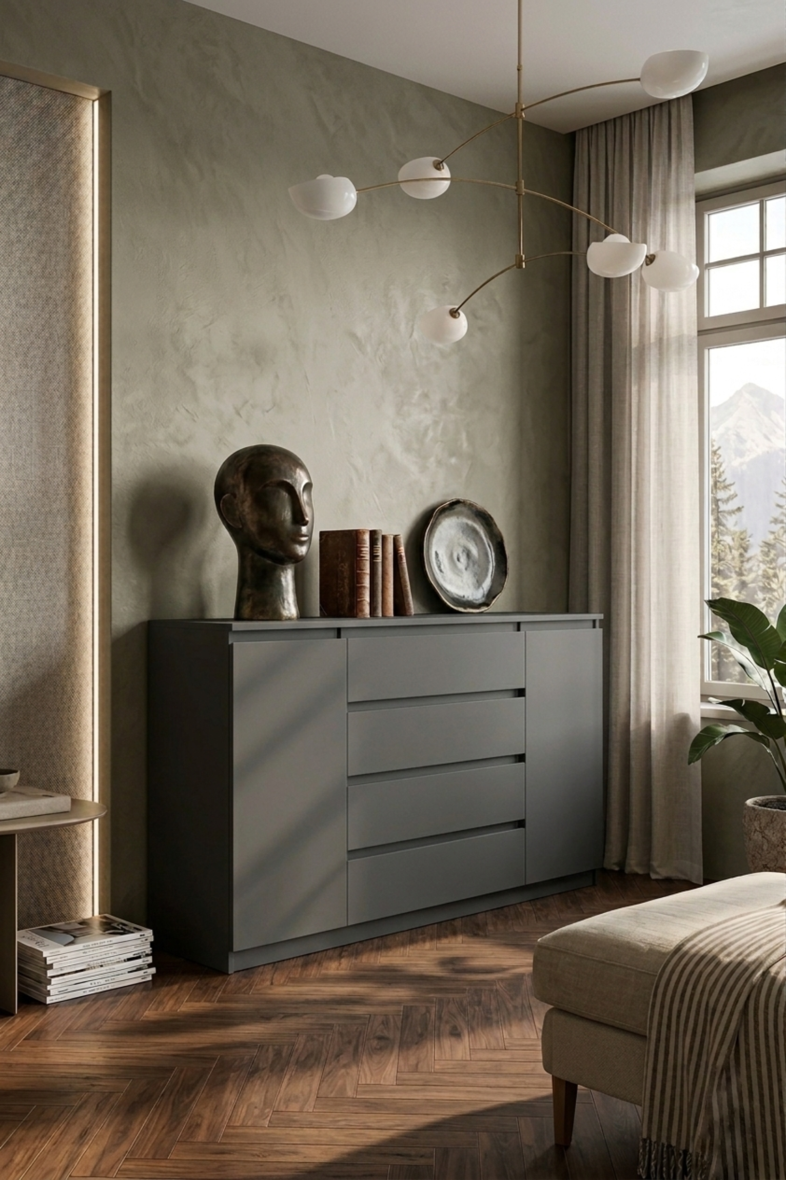 Комод MEBEX на 4 ящика с боковыми тумбами 160х40х100 см Серый темный (VERTO4B1600DG)