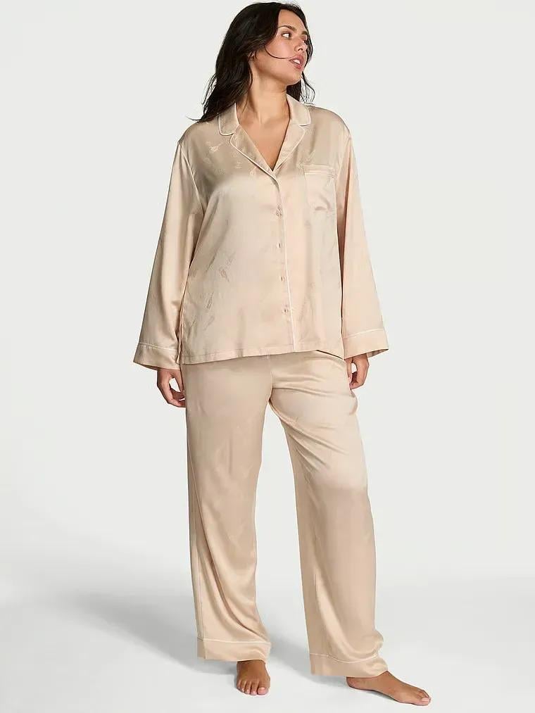 Пижама сатиновая Victoria's Secret Glazed Satin Champagne Long Pajama Set Regular S Бежевый (27162644)