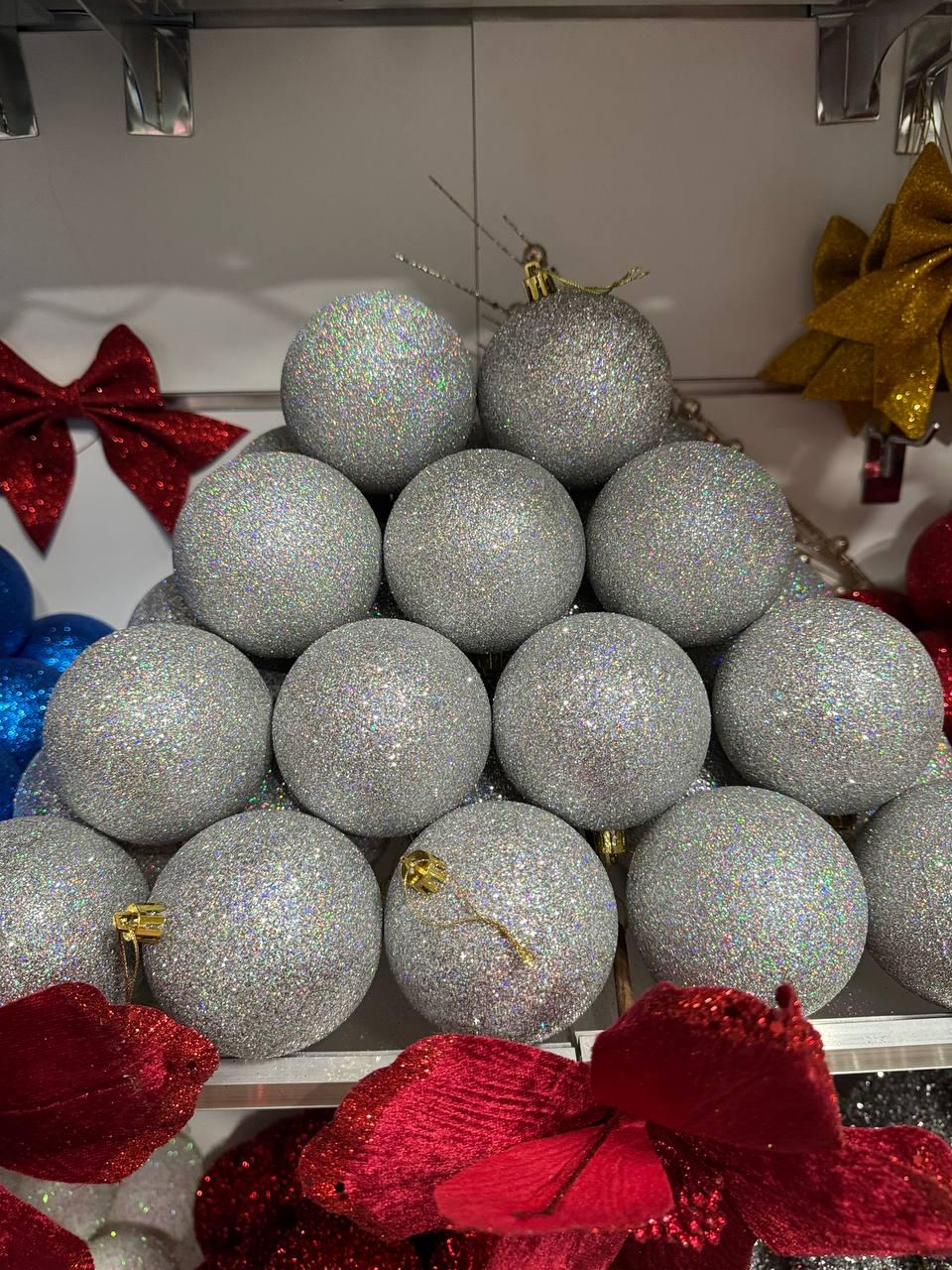Куля новорічна глітерна пластик 100 мм Срібний (y0025) - фото 2 Куля новорічна глітерна пластик 100 мм Срібний (y0025) - фото 2