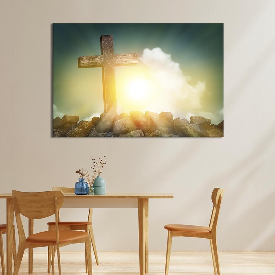 Настенный декор картина на холсте для интерьера Деревянный крест на горе 120x80 см (474-1)