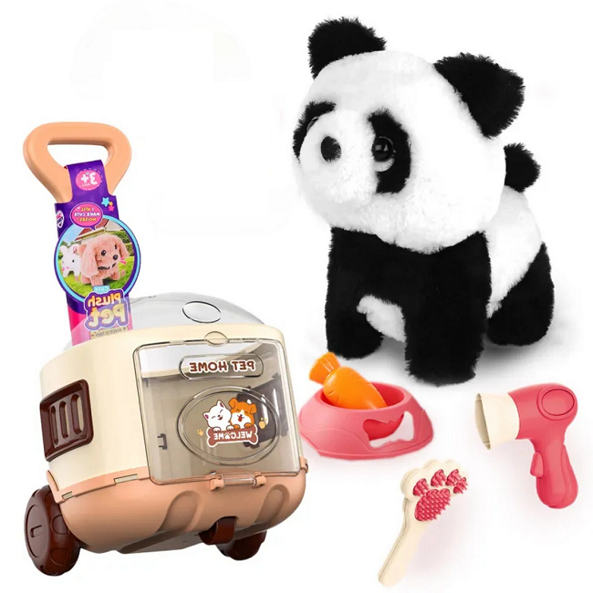 Интерактивная мягкая Панда с аксессуарами домик/фен/миска/расческа