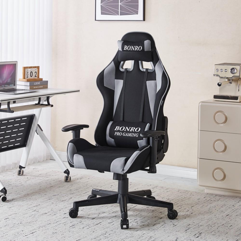 Кресло геймерское из ткани Bonro B-142 и 2 подушки Черно-серый (42401117)