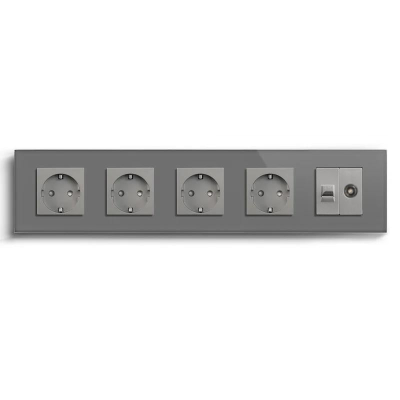 Розетка пятиместная LUXION силовая/интернет RJ-45/ТВ настенная стеклянная рамка Серый (LX-M5FCAT6PTY-GY)