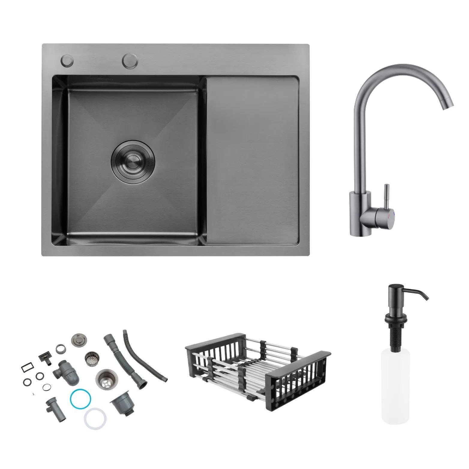 Мойка кухонная Lidz H6350BL встроенная 3,0/1,0 мм Brush 630х500/215 мм/смеситель для кухни PVD