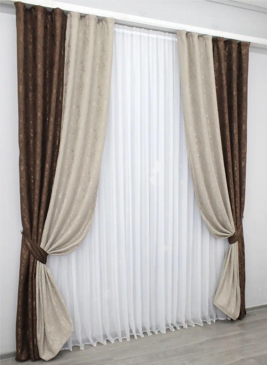 Шторы жаккардовые 2 шт. штори 1,5х2,7 м с тюлью 4х2,7 м Коричневый (2240056422)