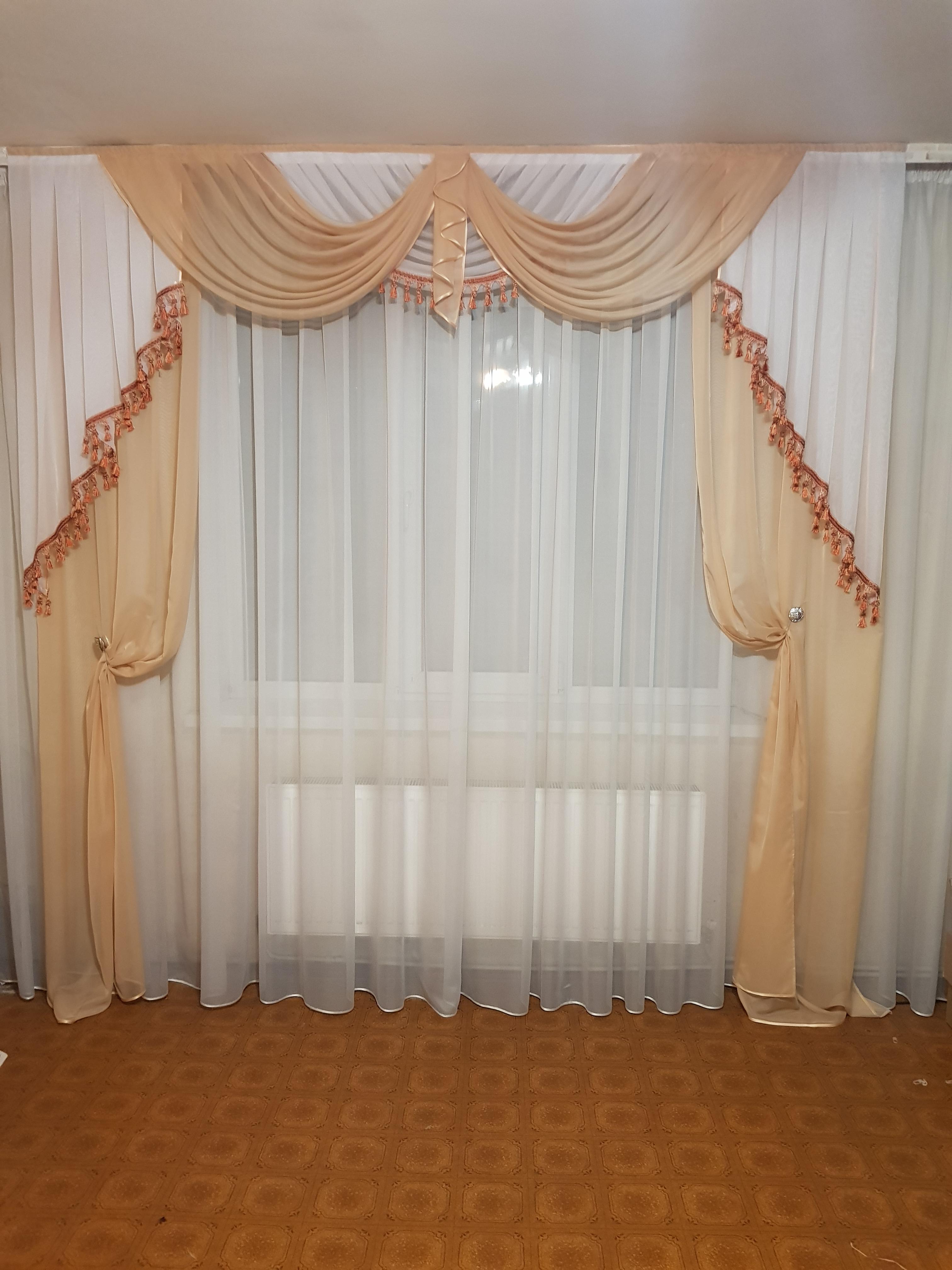 Комплект ламбрекен с бахрамой шторки 2 шт. и тюль Firanka Classic карниз 250 см Бежевый (63к_2 5м)