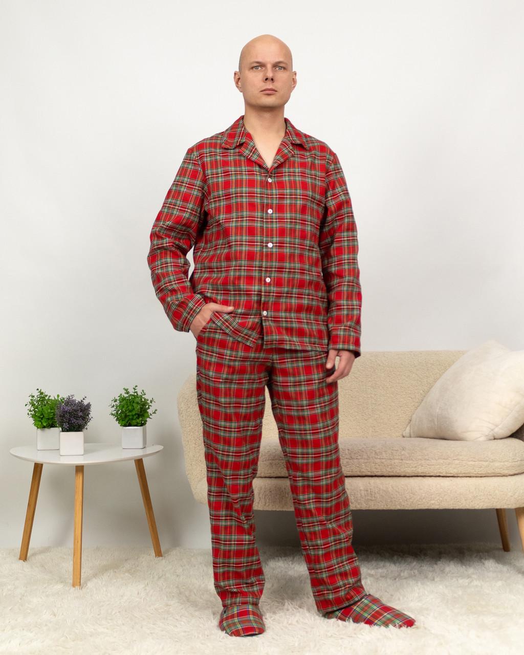 Піжама чоловіча домашня фланелева сорочка зі штанами клітинка XL Червоний із зеленим Піжама чоловіча домашня фланелева сорочка зі штанами клітинка XL Червоний із зеленим