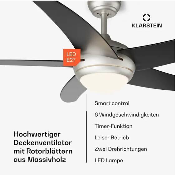 Потолочный вентилятор KLARSTEIN Bolero Smart 2в1 55 Вт 132 см (10046083) - фото 8 Потолочный вентилятор KLARSTEIN Bolero Smart 2в1 55 Вт 132 см (10046083) - фото 8