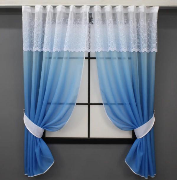 Штори кухонні з ламрекеном/підв'язками 285х170 см Блакитний/Білий (00к 59-970)