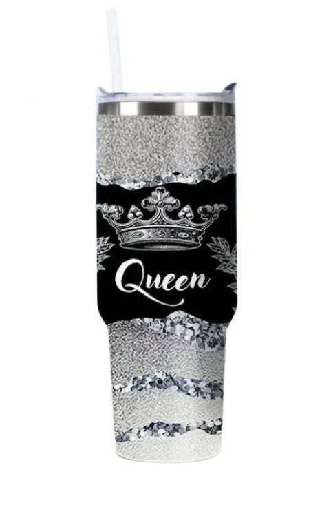 Чашка с термоизоляцией Queen с крышкой и соломинкой 1200 мл Черный/Серебристый (2663068084)