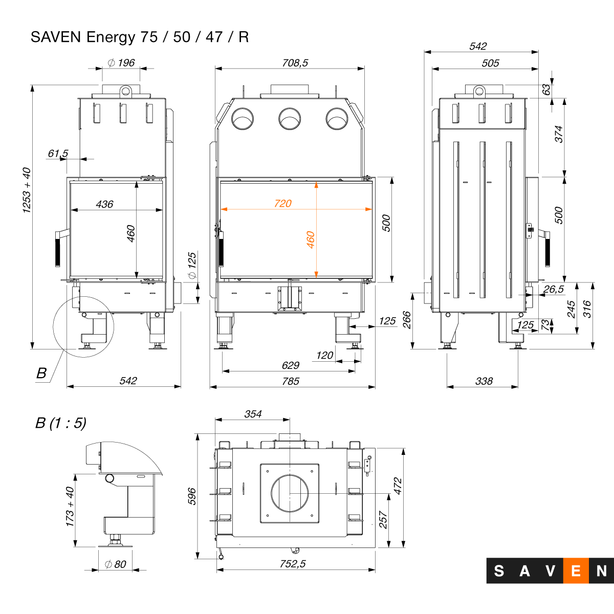 Каминная топка угловая SAVEN Energy ECO R 15,1 kW 75х50х47 (9160646) - фото 3