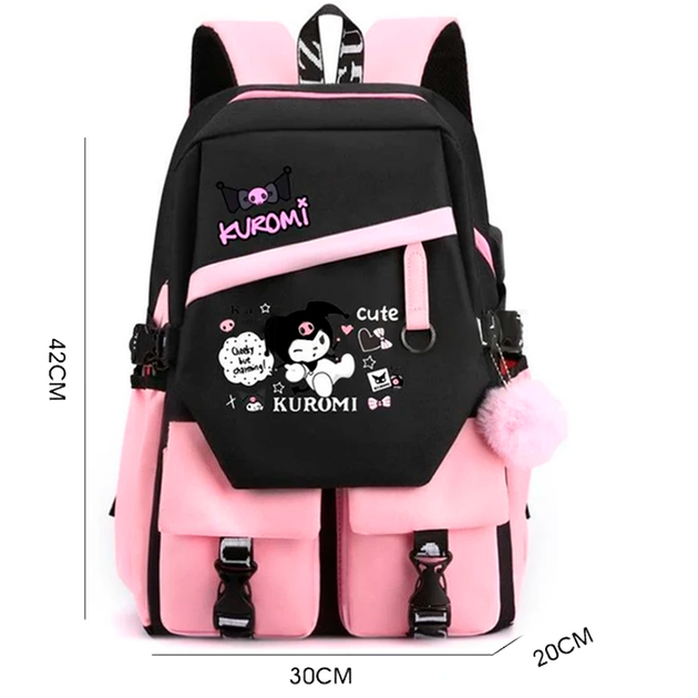Школьный рюкзак для девочки KUROMI в японском стиле с помпоном и USB-кабелем PINK (2444710993) - фото 7