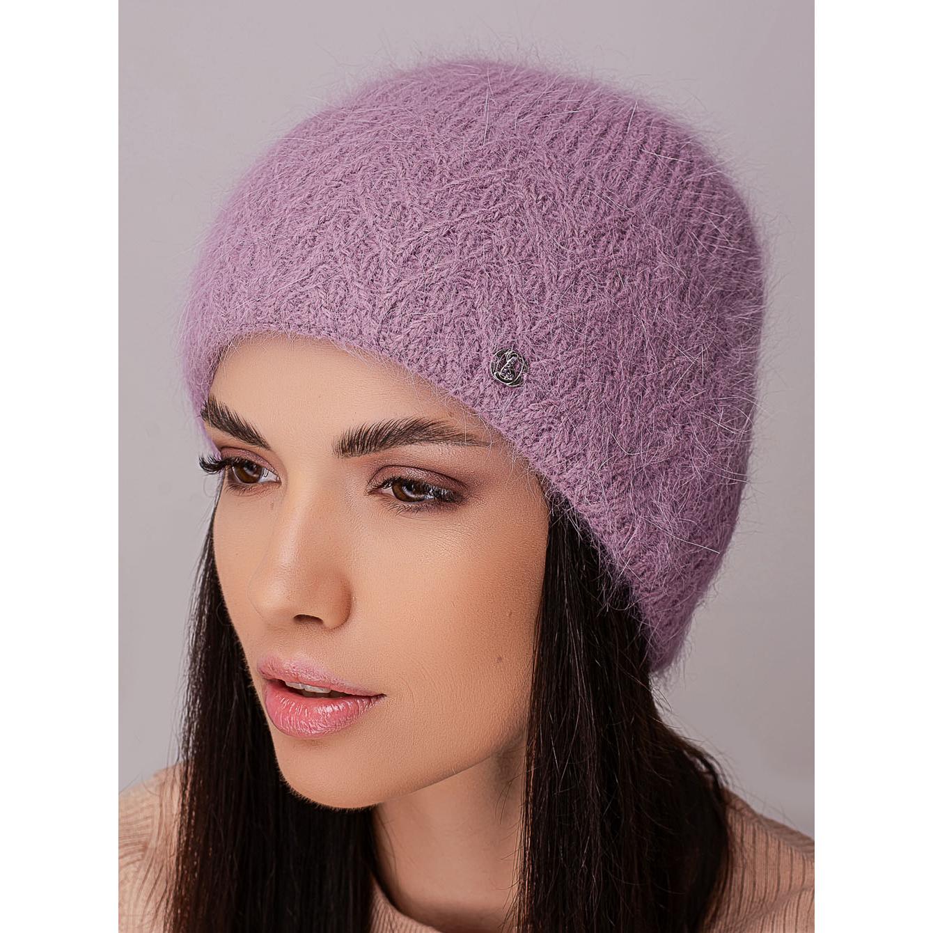 Шапка ангорова жіноча з флісовою підкладкою і візерунком на відвороті Leks Марі Ліловий - фото 1