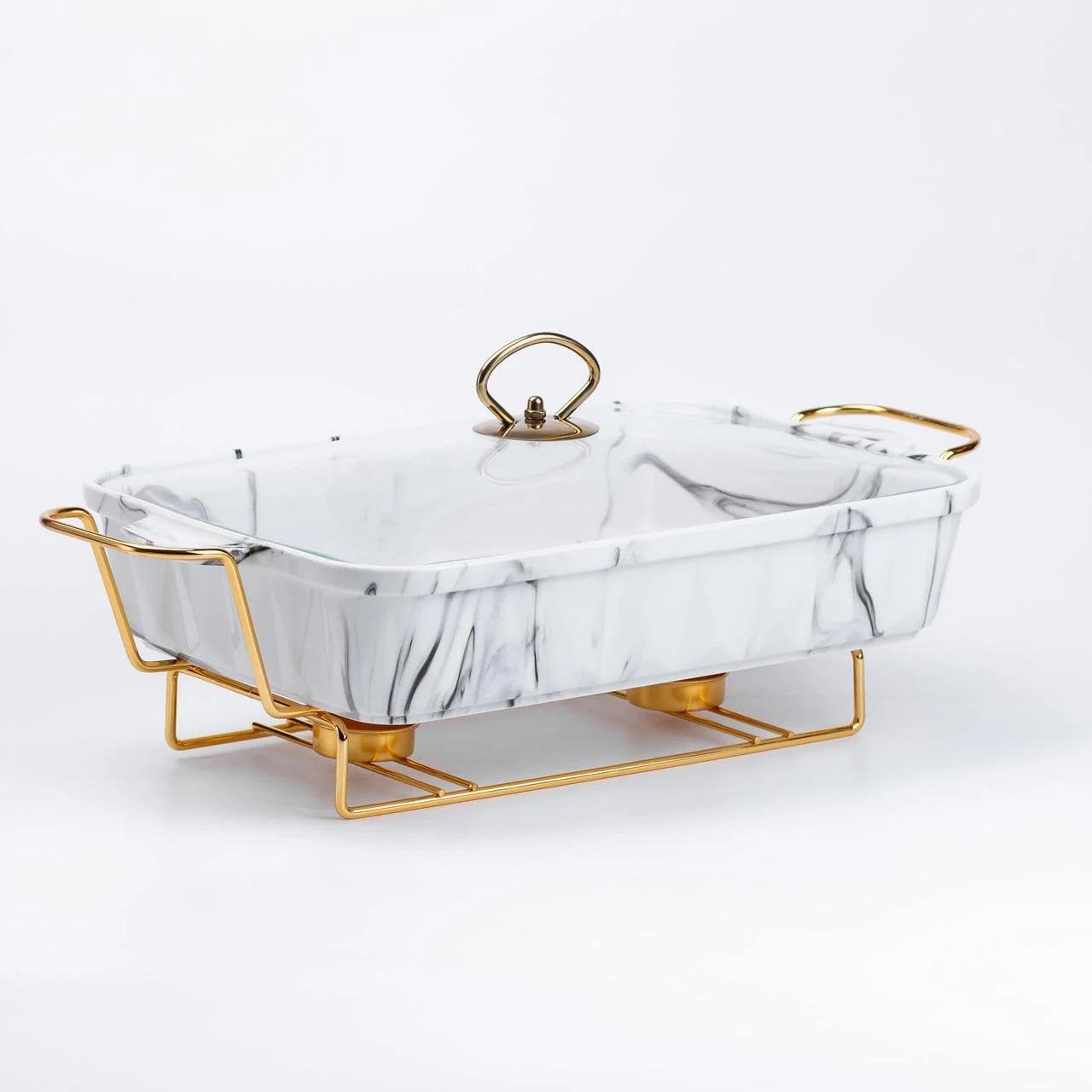 Набір з мармітів прямокутних Kitchen керамічні з кришками 3 шт. Біло-золотий (2102830909)