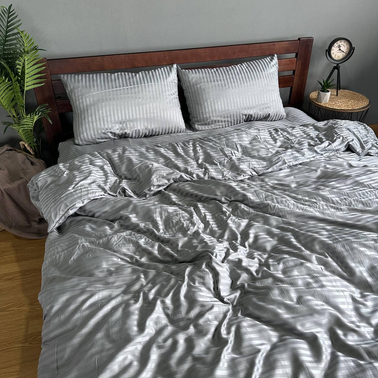 Комплект постільної білизни Смужка страйп-полісатин простирадла на резинці євро 180x200х20 см/50х70 см Сірий - фото 3