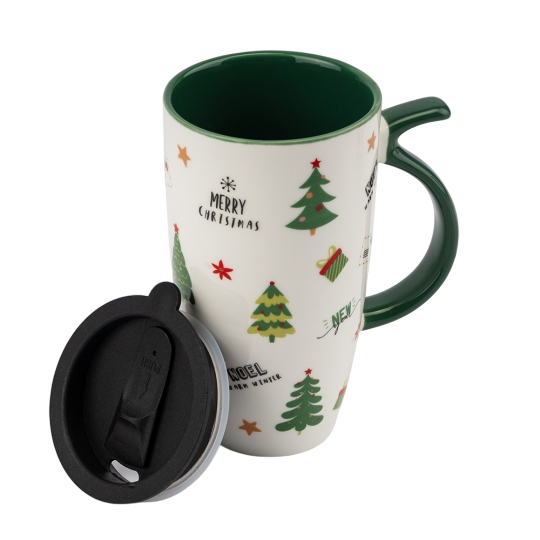 Чашка с крышкой новогодняя Рождественская классика из керамики 550 мл Белый (150-81-9252-019.1)