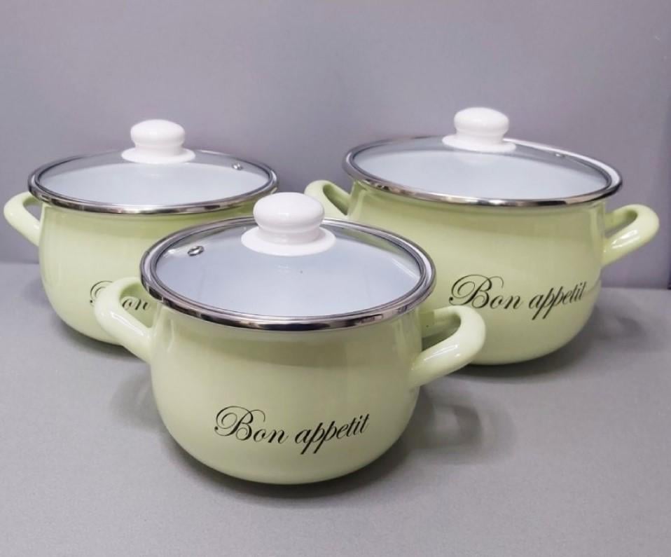 Набір каструль Bon appetit 3 шт. емальовані Кремовий - фото 2 Набір каструль Bon appetit 3 шт. емальовані Кремовий - фото 2