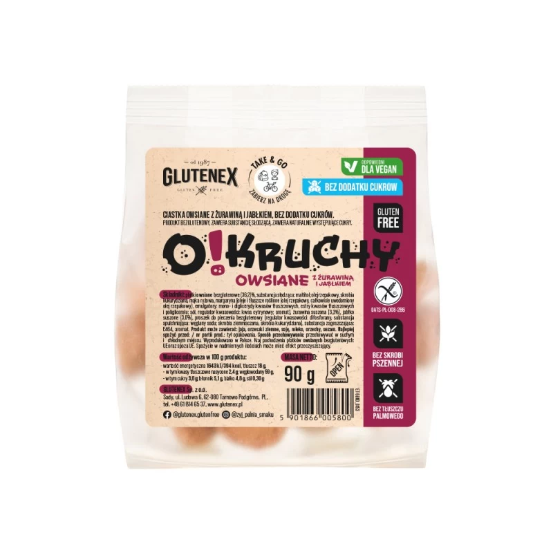 Печиво без глютену та без цукру Glutenex O!kruchy 90 г вівсяне веганське з журавлиною та яблуком (5901866005800)