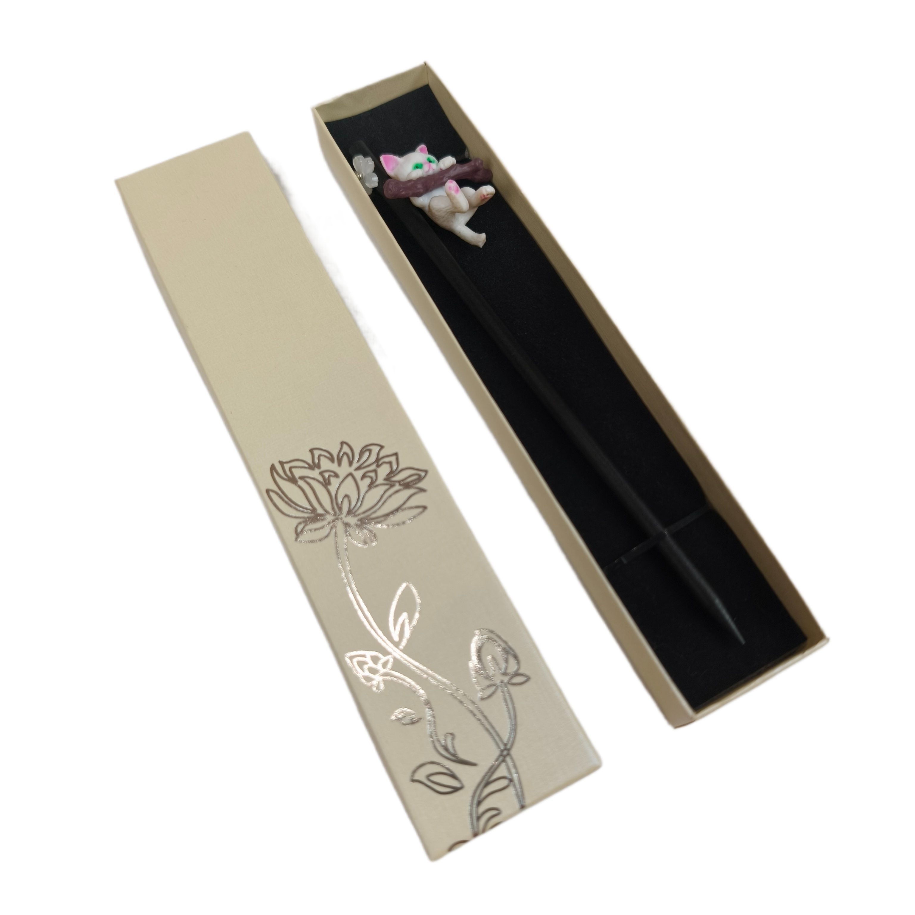 Булавка-палочка в азиатском стиле деревянная для волос с котиком в подарочной коробочке Черный (U8110)