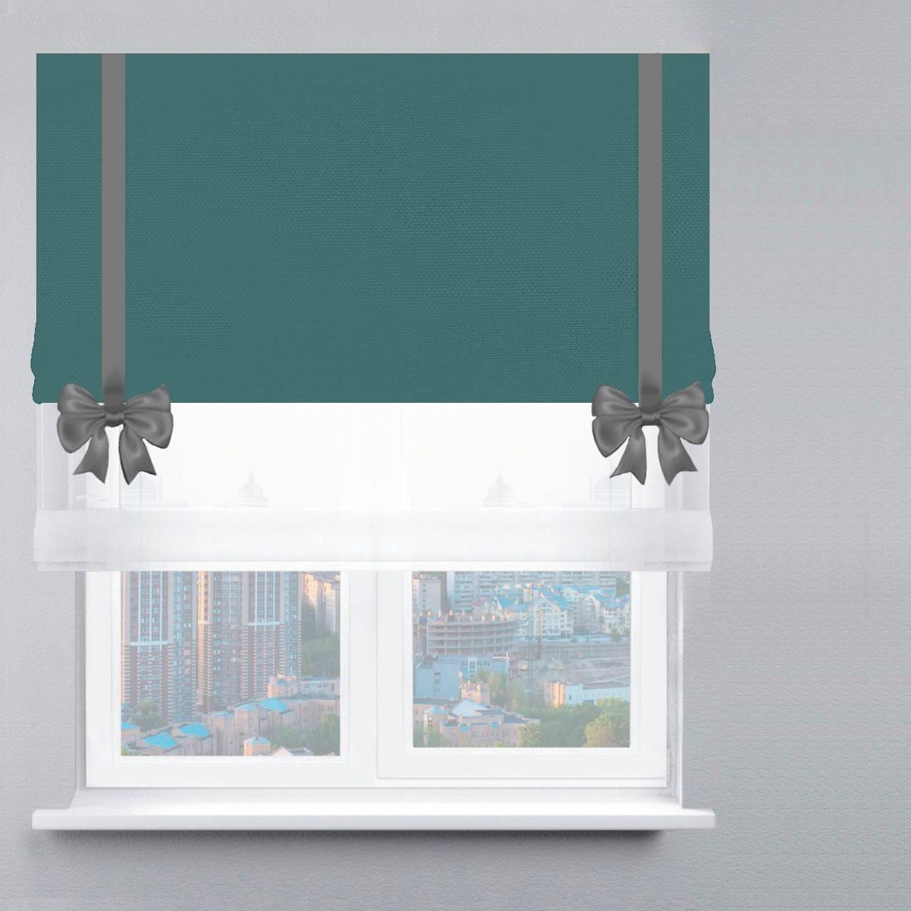 Римская штора день-ночь велюр с лентой и бантом 120х170 см Белый/Темно-бирюзовый