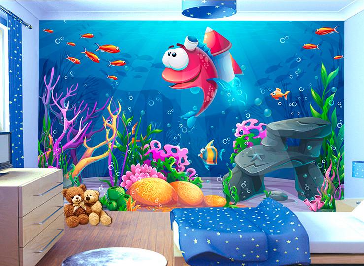 Фотообои 3D для детской комнаты Рыба с ракетой