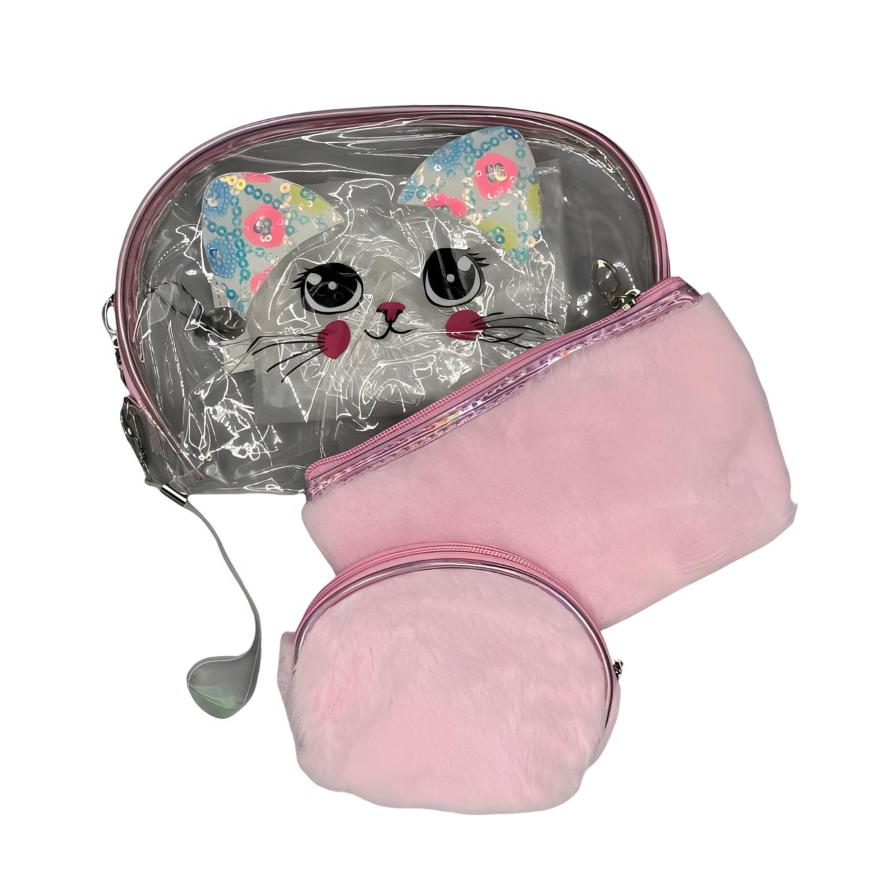 Косметичка для ребенка 3в1 с принтом котенок Розовый (25-583)
