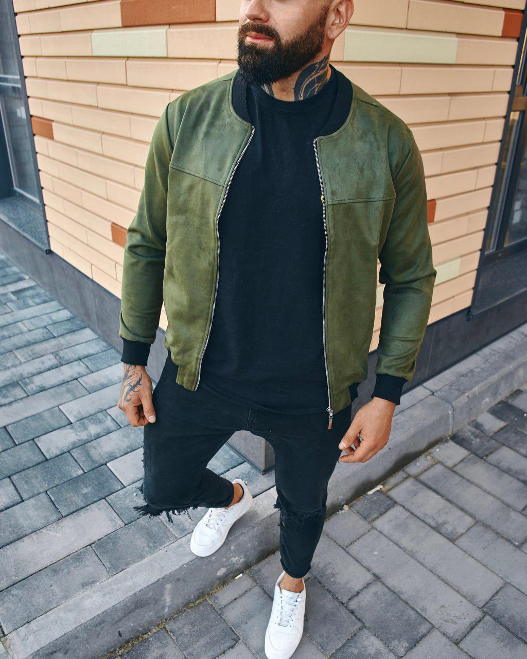 Бомбер чоловічий на змійці замш M Хакі (F000412) - фото 3 Бомбер чоловічий на змійці замш M Хакі (F000412) - фото 3